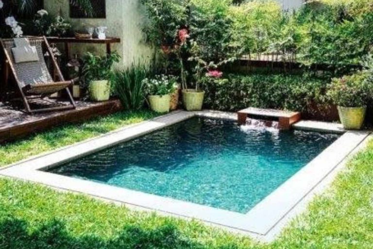 stylish plunge pool brisbane in flowery backyard