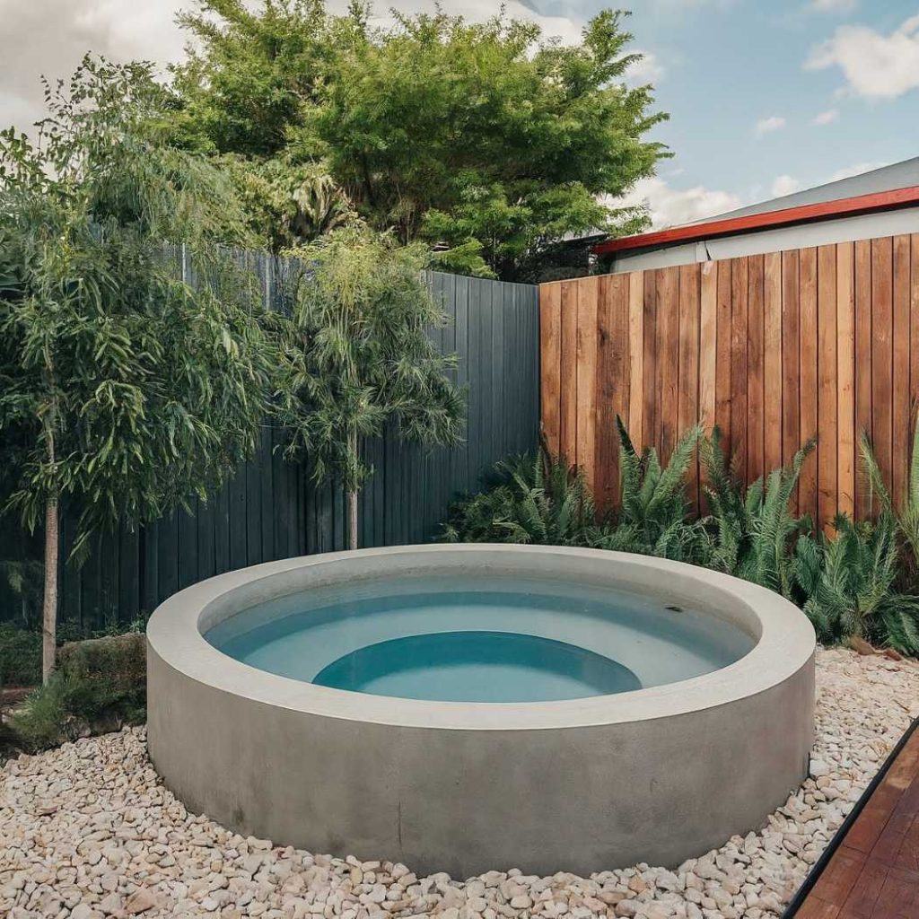 round, semi above-ground plungie plunge pool in stunning backyard