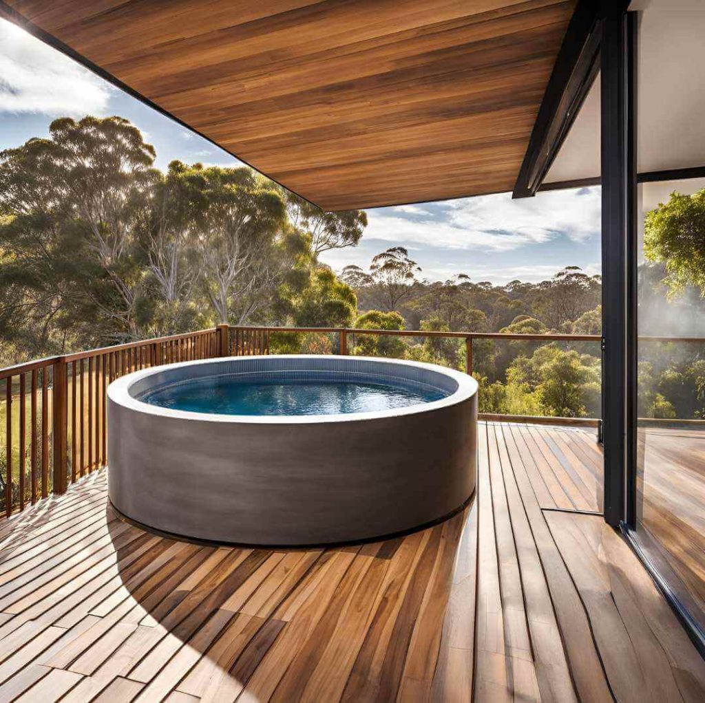 above ground round plunge pool with wooden deck