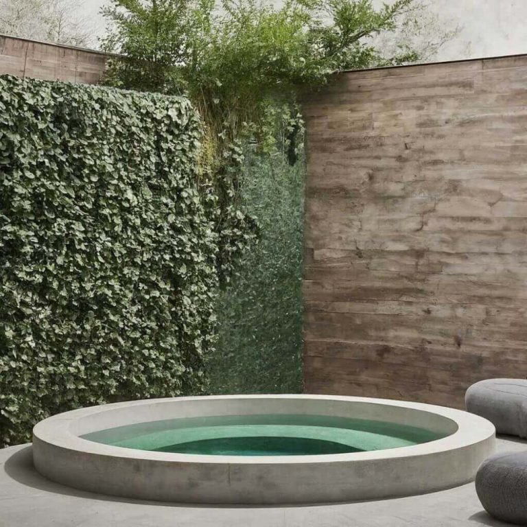 semi-inground round plunge pool in backyard with green features