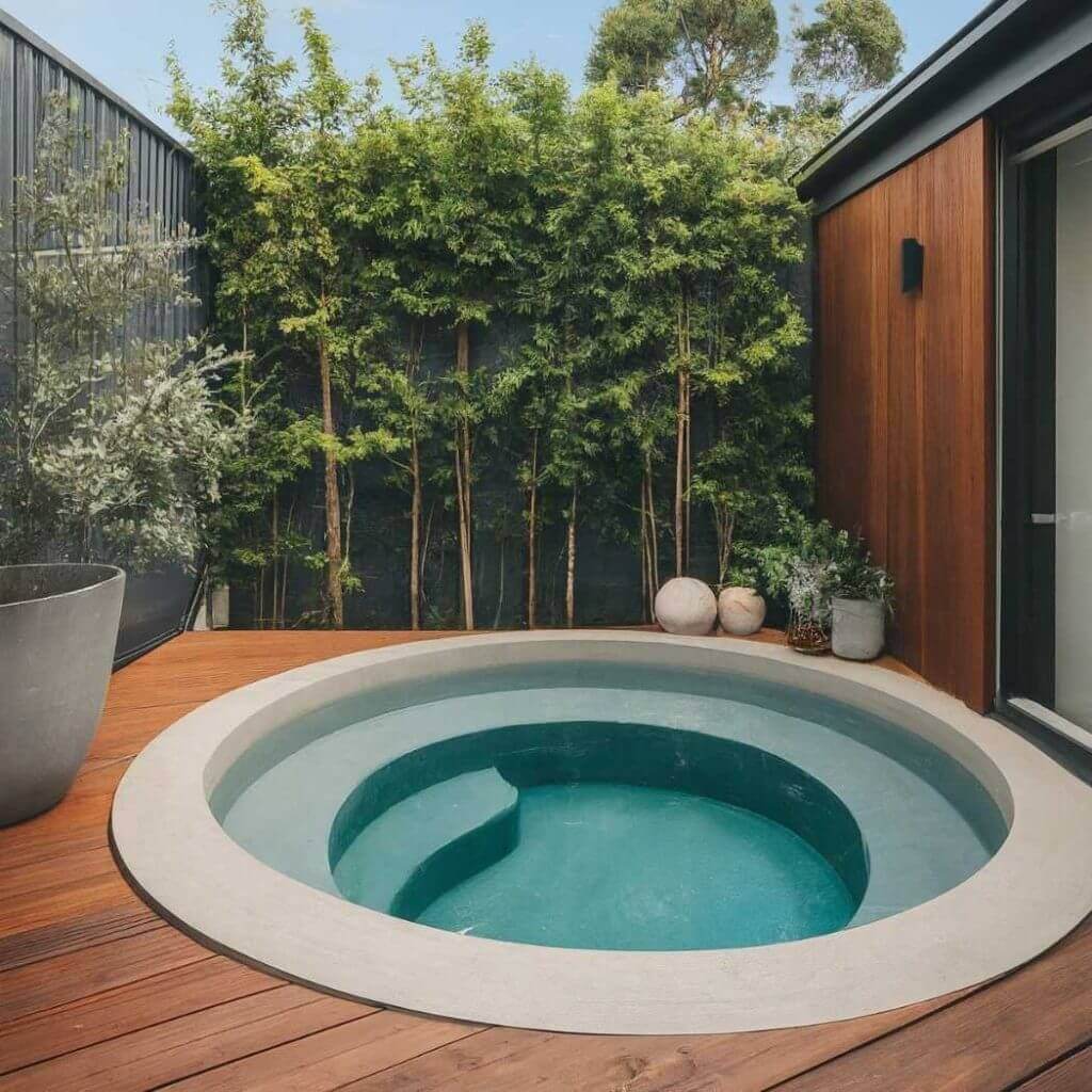 beautiful small round plunge pool with wooden deck and trees