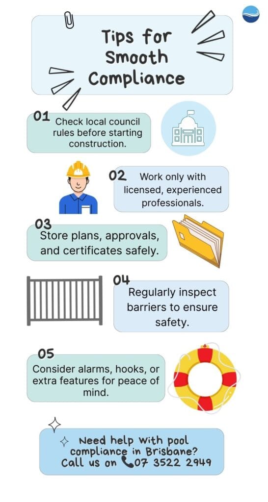 Infographic with tips for smooth pool compliance in Brisbane: confirm council requirements, hire licensed contractors, keep paperwork safe, maintain fences and gates, and add safety extras like alarms or rescue hooks.