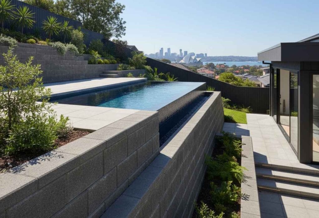 engineered block wall - precast plunge pools - What to Consider When Installing Precast Plunge Pools on Sloped Sites by Plunge Pools Brisbane