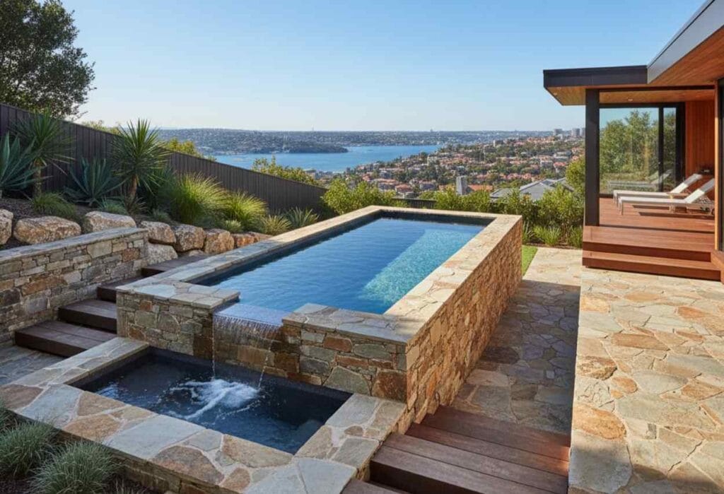 stone cladding plunge pool in a slope yard - precast plunge pools - What to Consider When Installing Precast Plunge Pools on Sloped Sites by Plunge Pools Brisbane