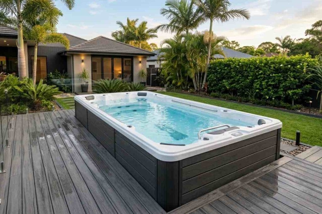 A rectangular white acrylic swim spa with dark cladding integrated into a modern timber deck in a lush Brisbane backyard featuring palm trees and a contemporary Australian home.
