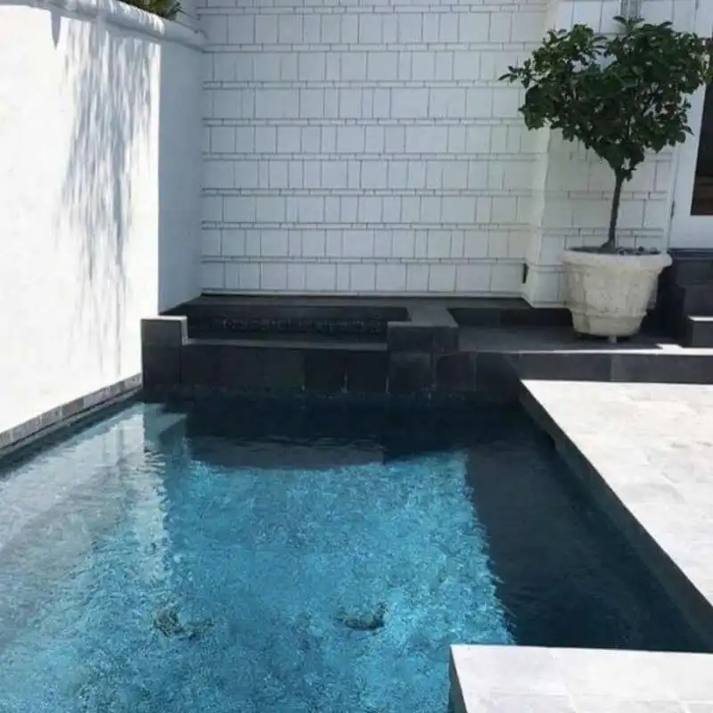 Custom concrete plunge pool with tiled finish and minimalist courtyard design in Chelmer