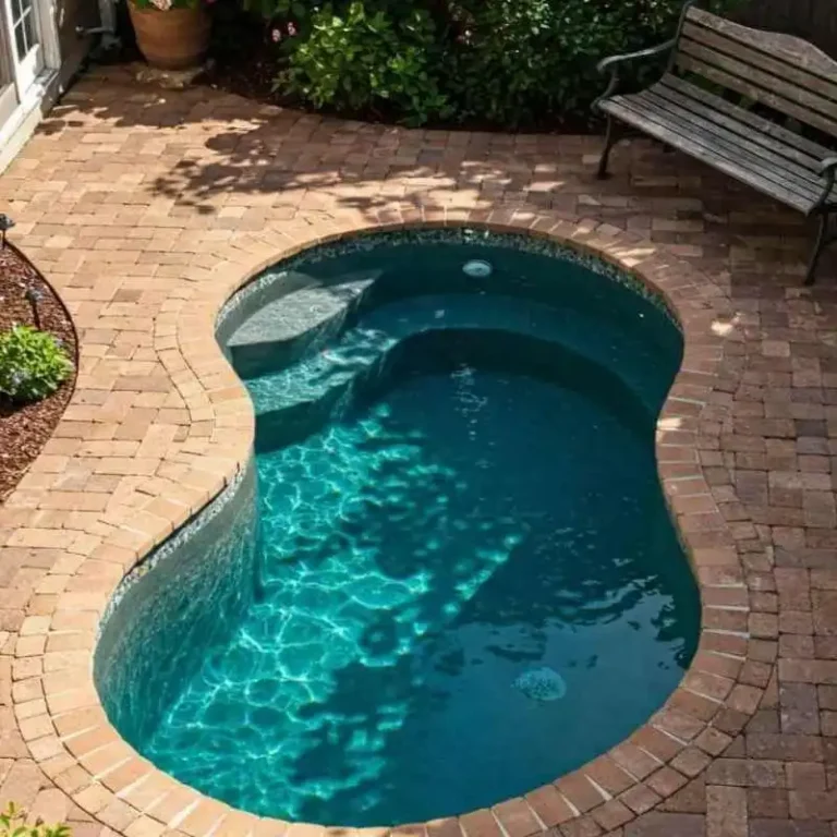 Freeform plunge pool with curved shape and paved patio setting in Newmarket garden