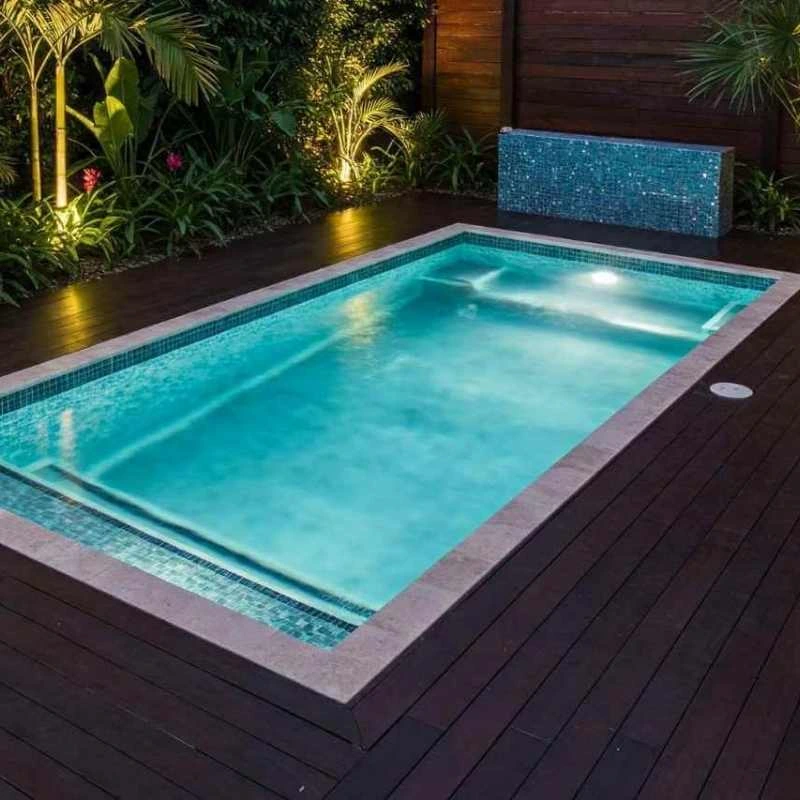Inground plunge pool with LED lighting and timber decking in landscaped Chelmer backyard