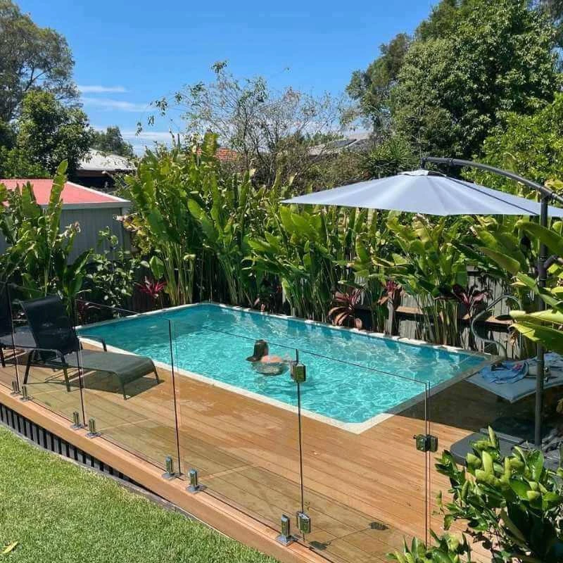 Inground plunge pool with glass fencing and tropical plants in compact Grange backyard