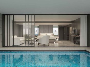 Swimming Pool inside a house, in the living room with crystal clear blue water